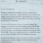 Screenshot of the atlantic article quoting pete hegseth, tulsi gabbard, and john ratcliffe denying classified info was shared in signal chat.