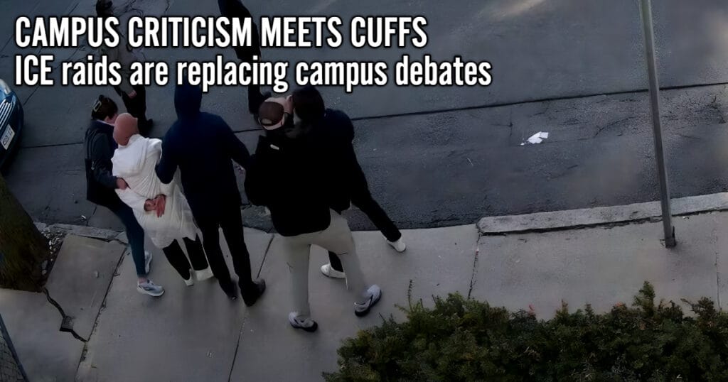 Masked federal agents detain a tufts university student during a free speech crackdown on international students.
