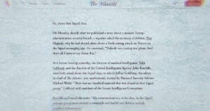 Screenshot of the atlantic article quoting pete hegseth, tulsi gabbard, and john ratcliffe denying classified info was shared in signal chat.