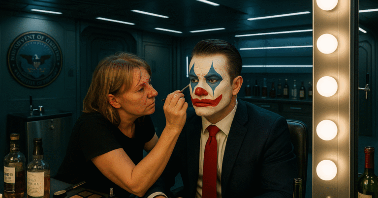 A man in a navy suit and red tie resembling defense secretary pete hegseth sits at a pentagon-style vanity mirror while a makeup artist applies clown makeup to his face. Behind him is a high-tech military-grade room featuring a stainless steel kegerator, shelves lined with liquor bottles, and glowing led wall panels, evoking a surreal and satirical government media studio.